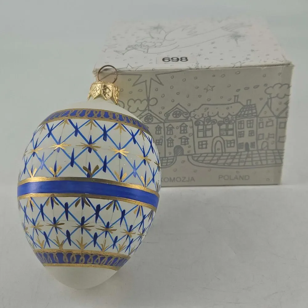 Vintage KOMOZJA Poland blown glass blue gold ornate egg Christmas Ornament